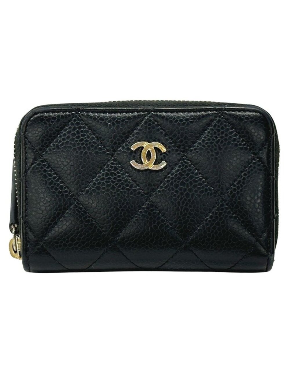 Chanel Wallet Quilted Coin Case Soft Caviar Leather Black Gold Zip Around Small